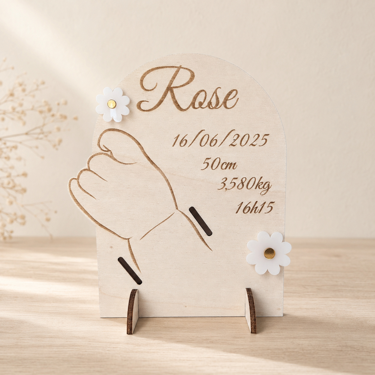 Support bracelet de naissance demi arche personnalisé en bois - Cadeau bébé