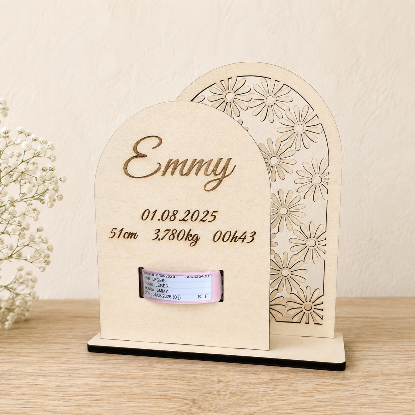 Support bracelet de naissance double arche personnalisé en bois - Cadeau bébé